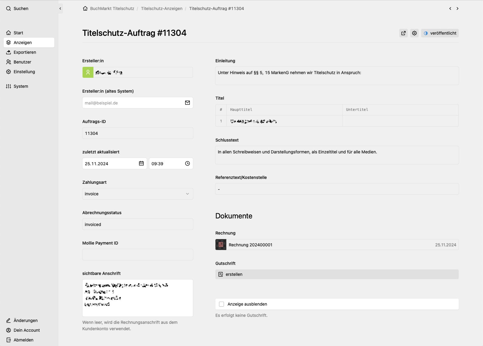 Panel screenshot of titelschutz.buchmarkt.de