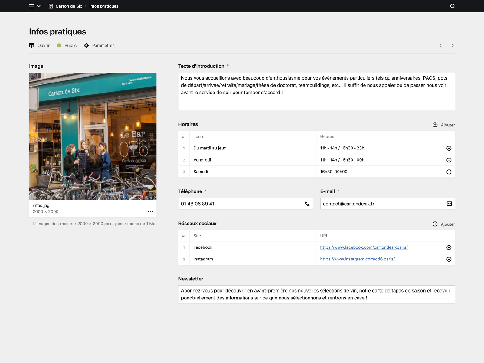 Panel screenshot of cartondesix.fr