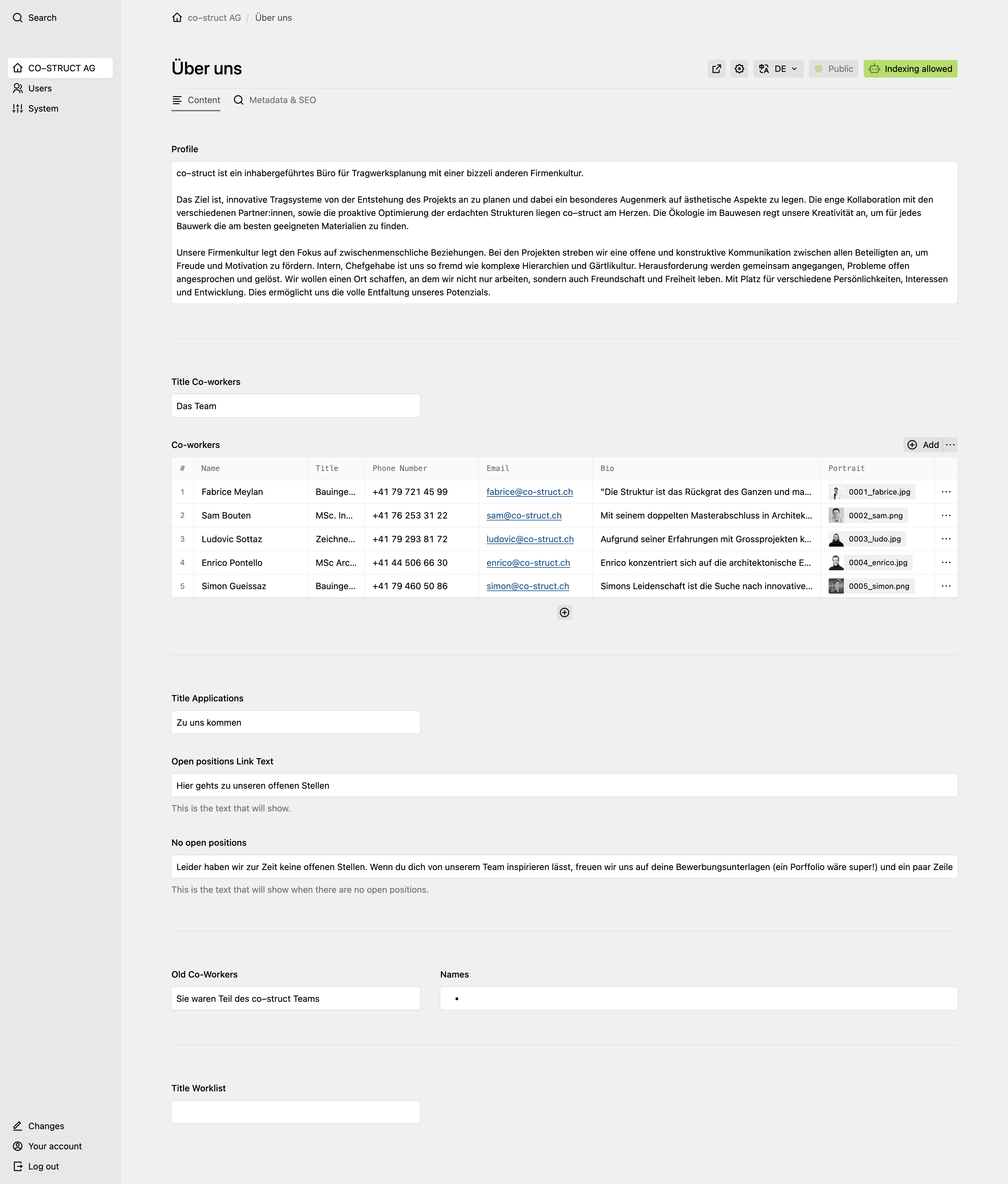 Panel screenshot of co-struct.ch