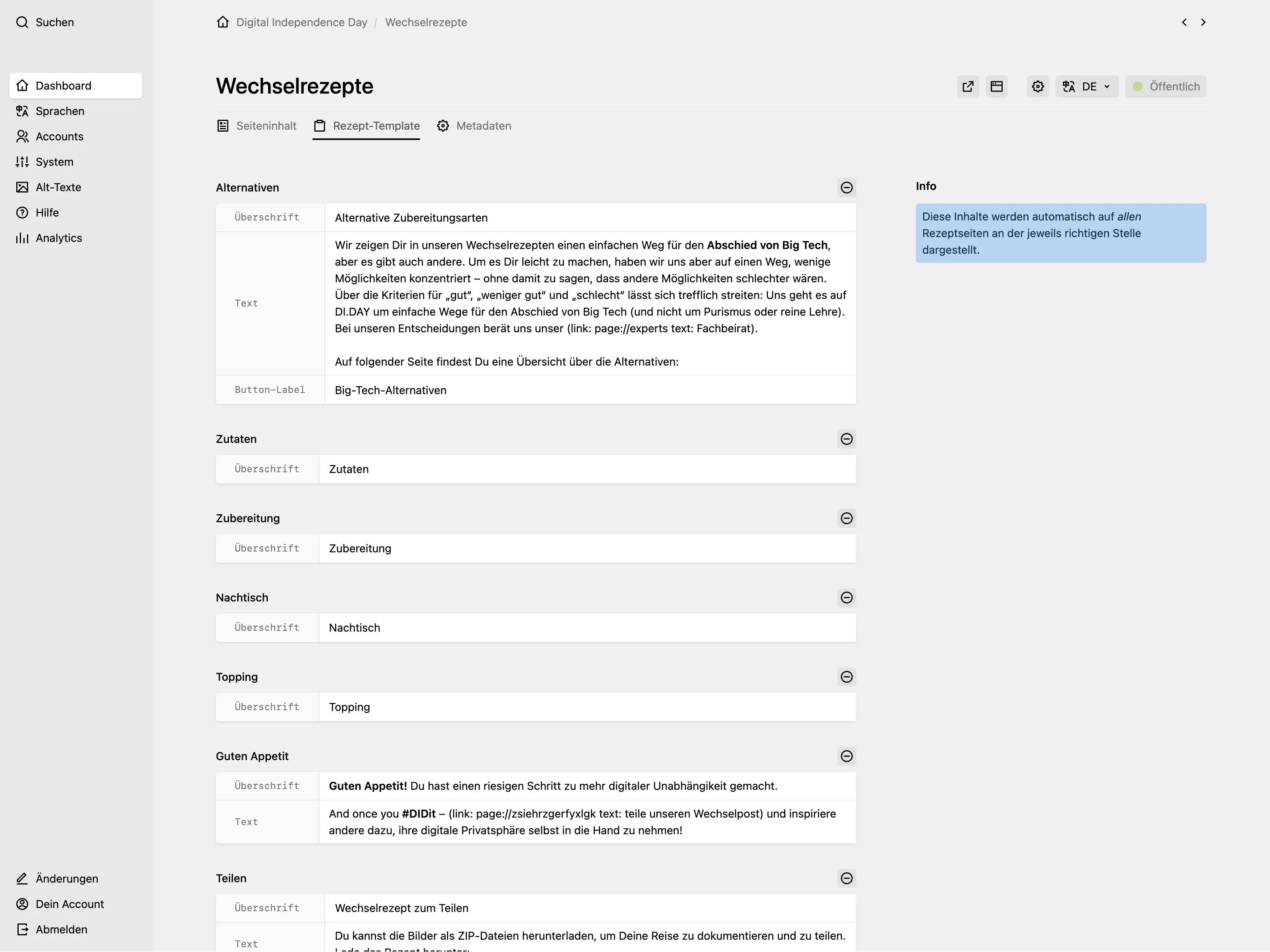 Panel page for "Wechselrezepte" on the "Rezept-Template" tab showing multiple collapsed object fields for recipe sections like Alternativen, Zutaten, Zubereitung, and Teilen, with an info field in the sidebar.