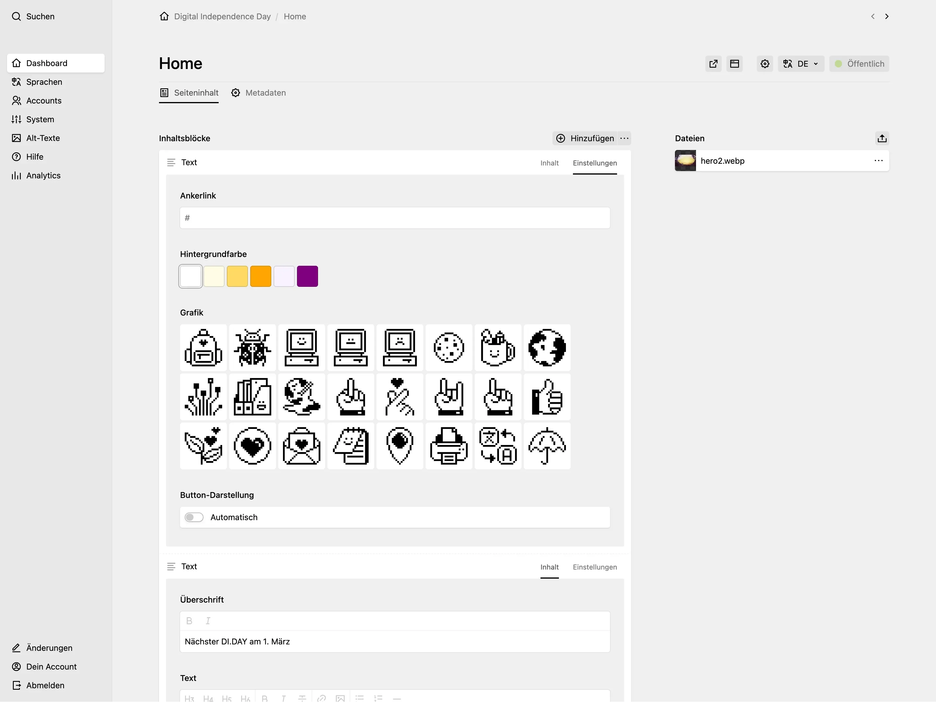 Panel page for "Home" showing a blocks field with text blocks containing an anchor link field, a color picker for background colors, a graphic selector with pixel art icons, and a toggle field saying Button-Darstellung: Automatisch.