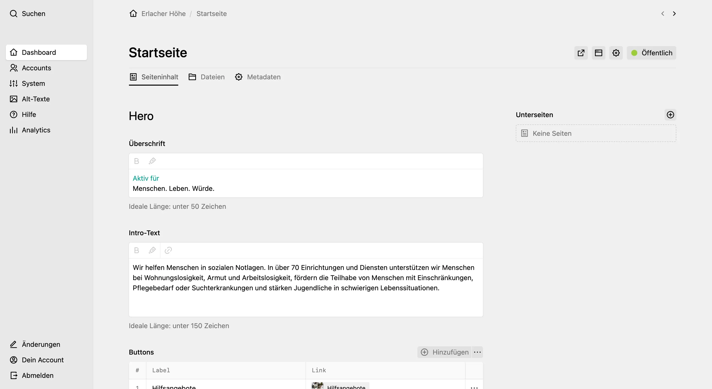 Panel page for "Startseite"/"Home" showing hero headline, intro text and buttons fields below a "Hero" headline.