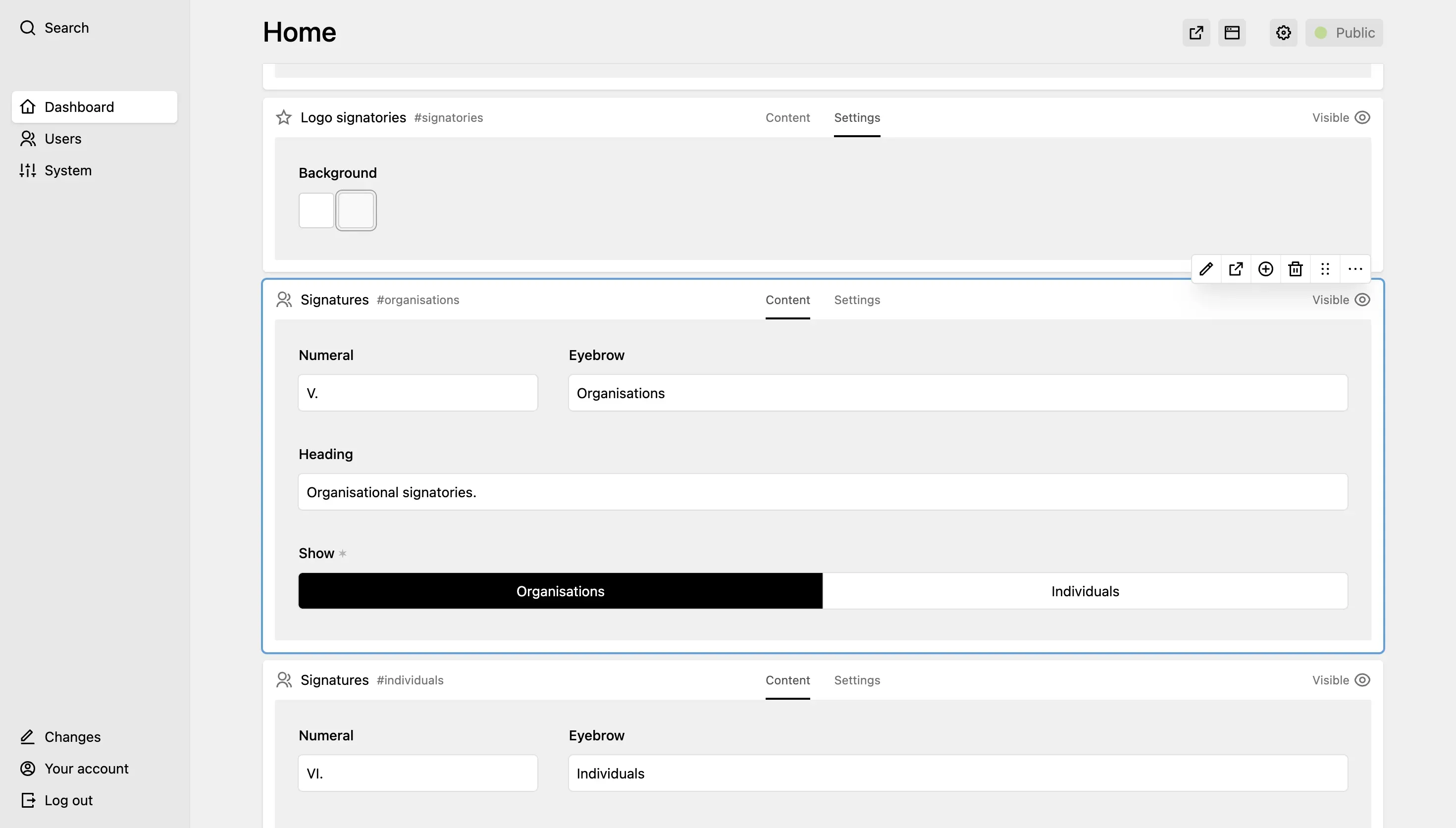Panel page for "Home", scrolled further down, showing a "Logo signatories" module and two "Signatures" modules with numeral and eyebrow fields and a toggle to show organisations or individuals.