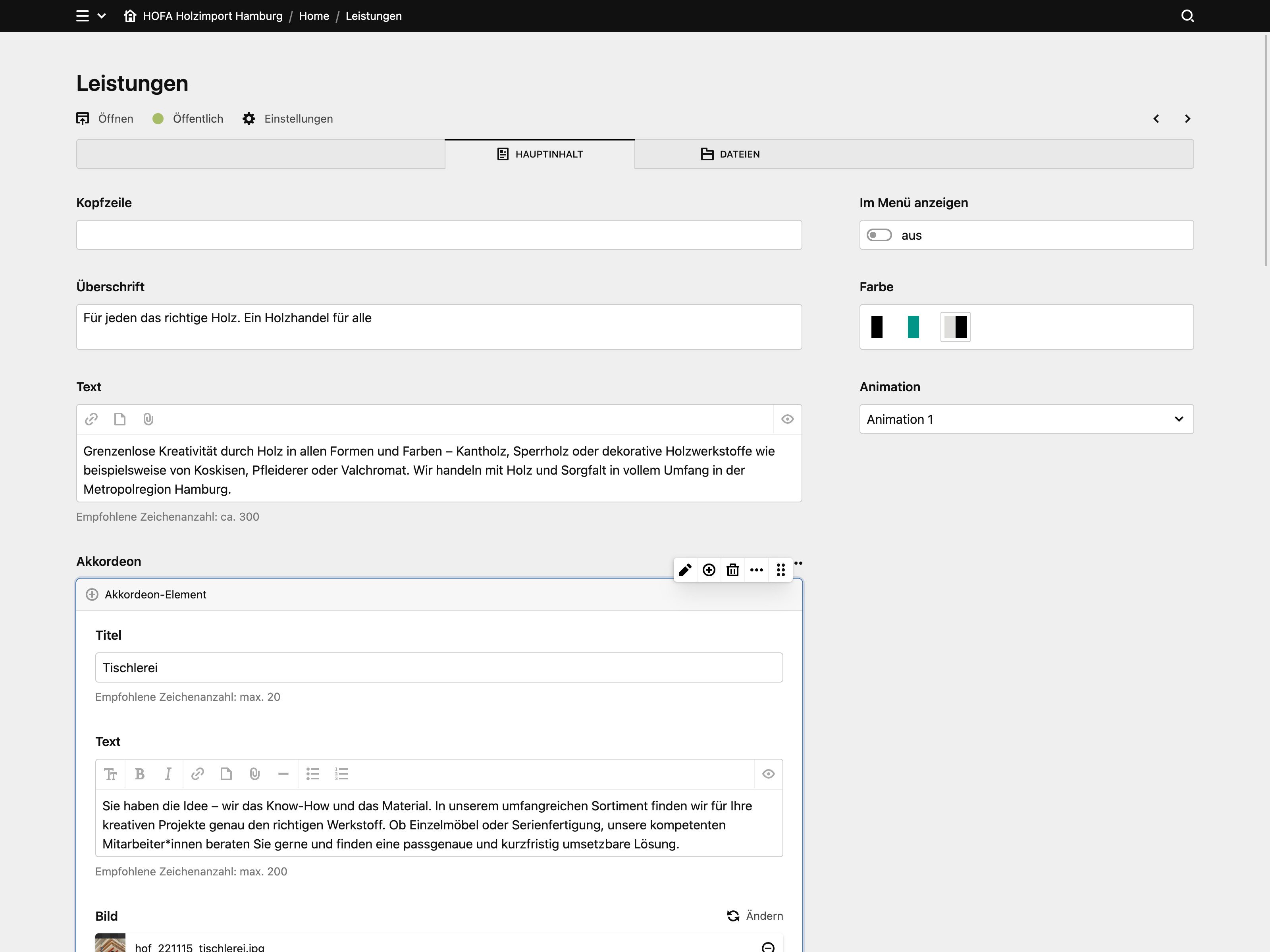 Panel screenshot of hofa-holz.de