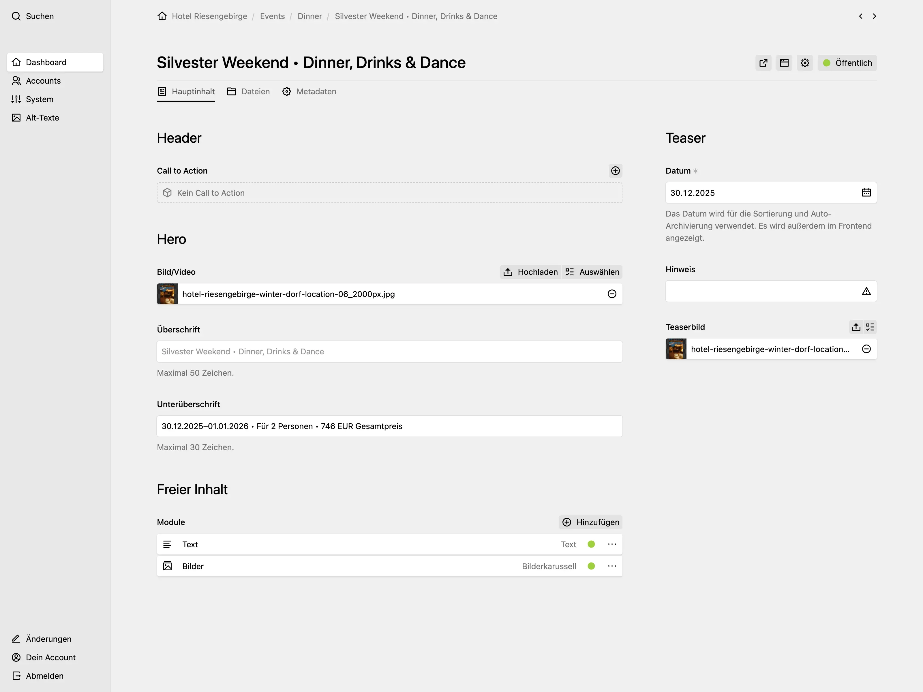 Screenshot of the Kirby Panel showing an event page with header, hero and content modules. In the sidebar there are date and hint fields above a files section.