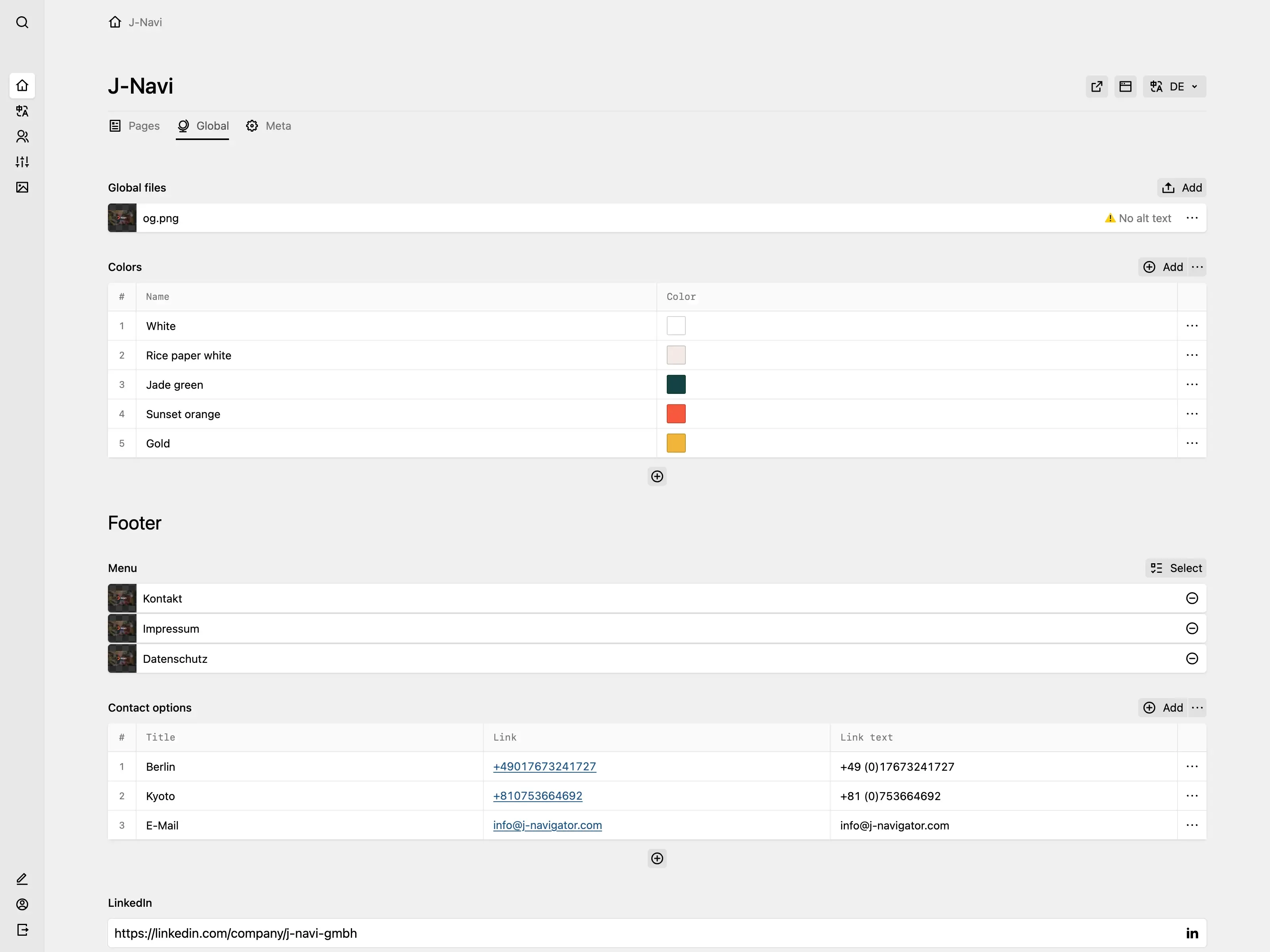 The global tab in the Kirby dashboard, showing fields for site-wide content like available colours for blocks, footer menu items, contact options and social media links.