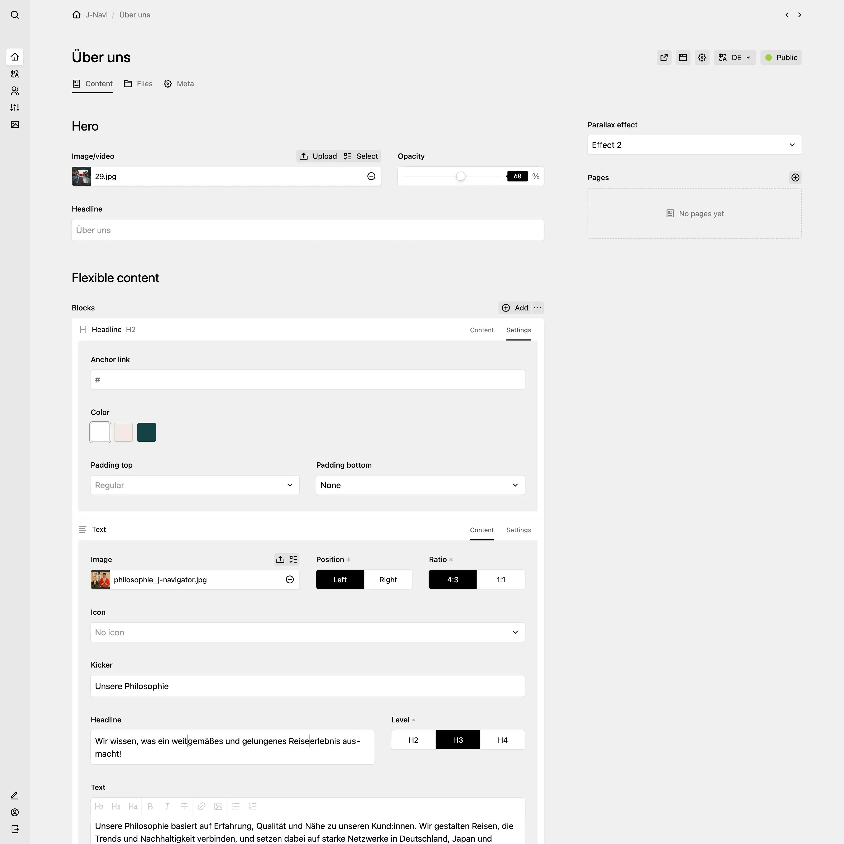 The "&Uuml;ber uns" page in the Kirby Panel, showing editable fields for the hero section and a blocks field with content and settings tabs for each block.