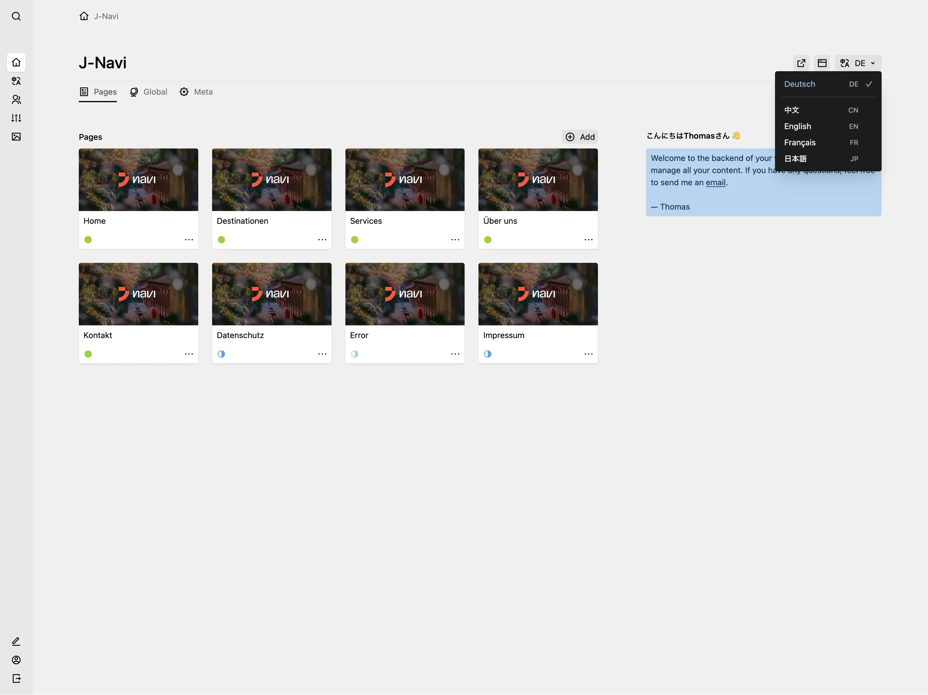 Screenshot of the Kirby dashboard with a pages section and an info field, welcoming the logged-in user.