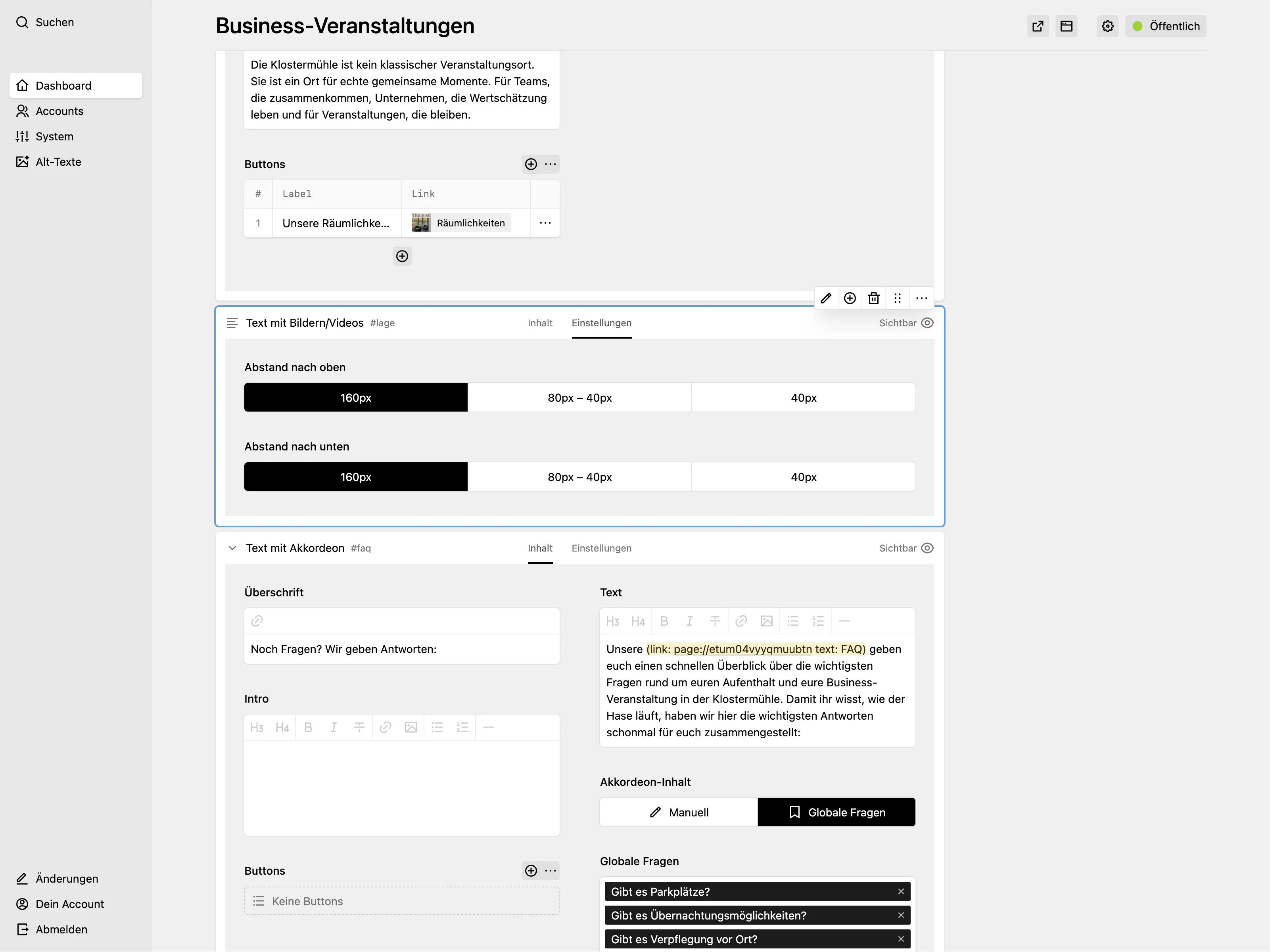 Panel page for "Business-Veranstaltungen" showing modules with a spacing settings tab and an accordion module sourcing global FAQ questions.