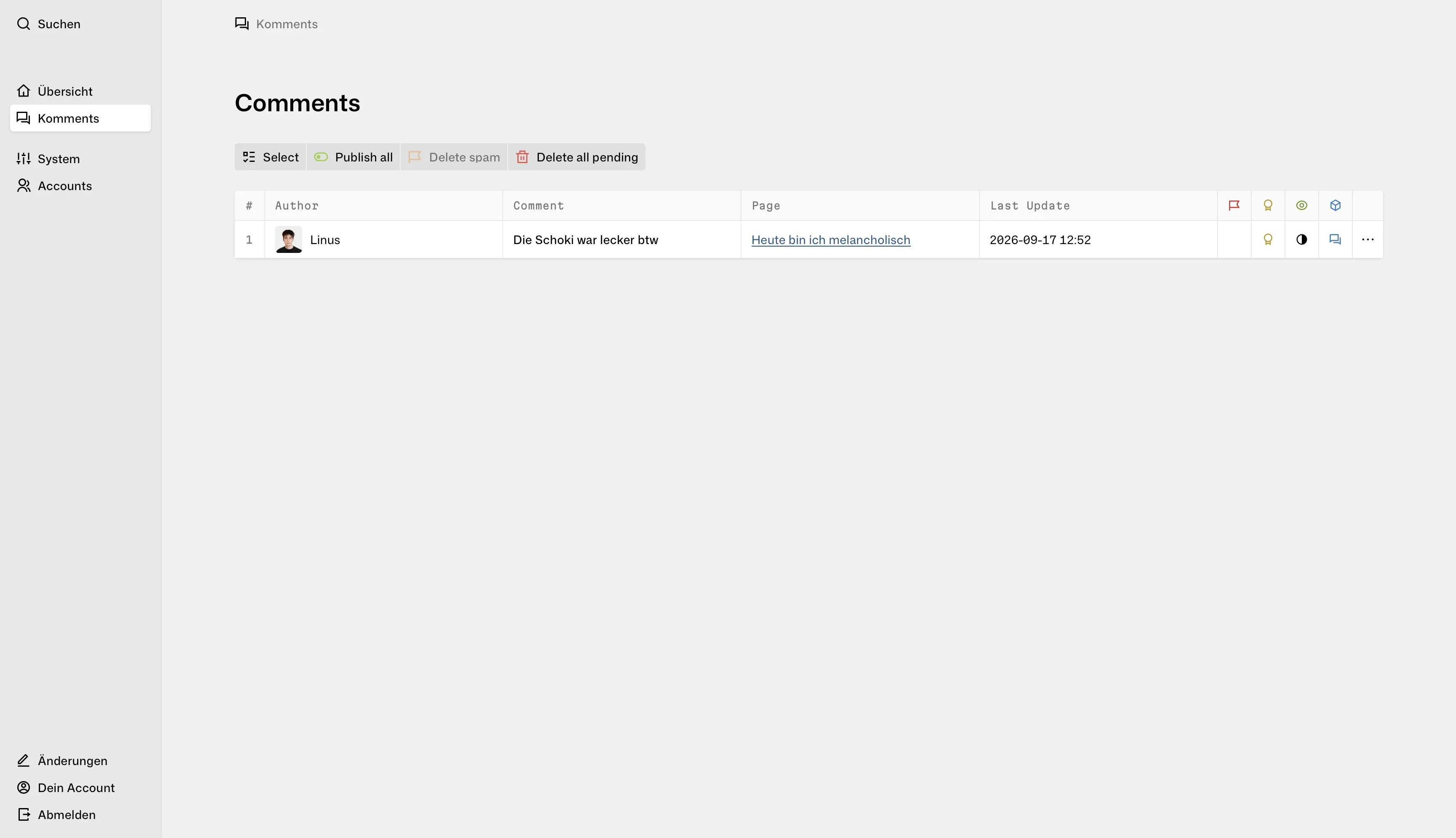 Custom Panel area from the Komments plugin showing comments in table layout with author, comment, page and status columns.