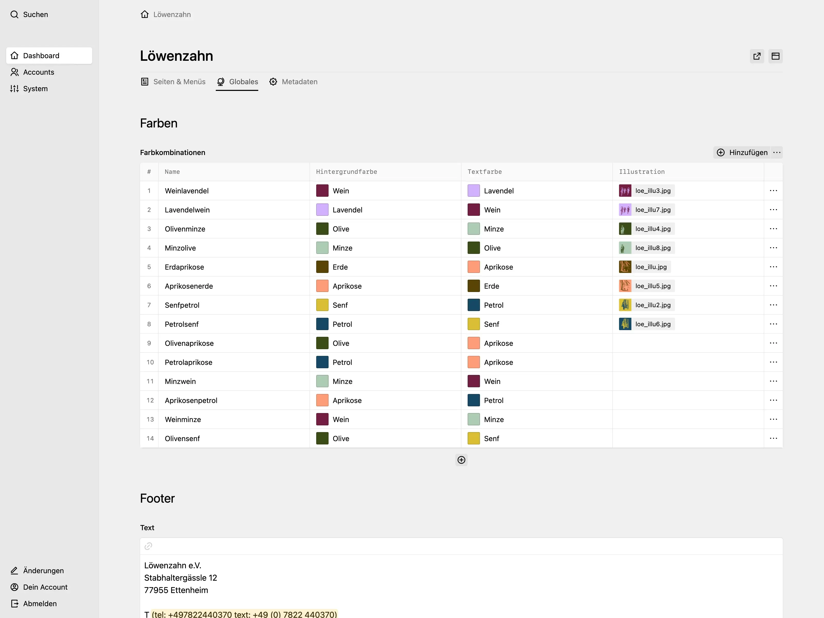 Kirby Panel dashboard showing the "Globales"/"Globals" tab with a structure field for managing colour combinations for the L&ouml;wenzahn website. Each entry includes a name, a background colour, a text colour, and an illustration image field.