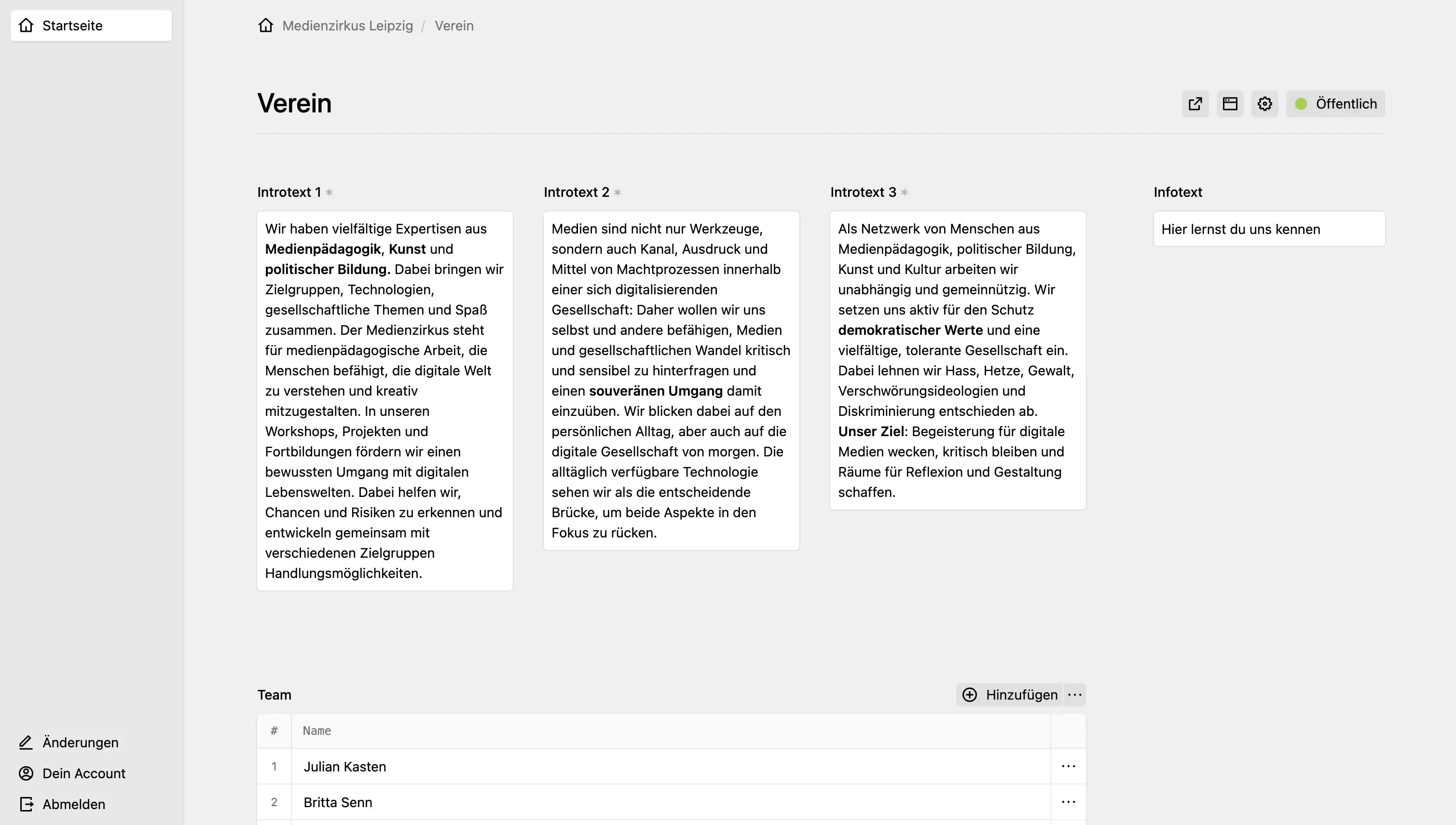 Panel interface for a "Verein" page in Kirby CMS, showing three text input sections labeled "Introtext 1", "Introtext 2" and "Introtext 3".
