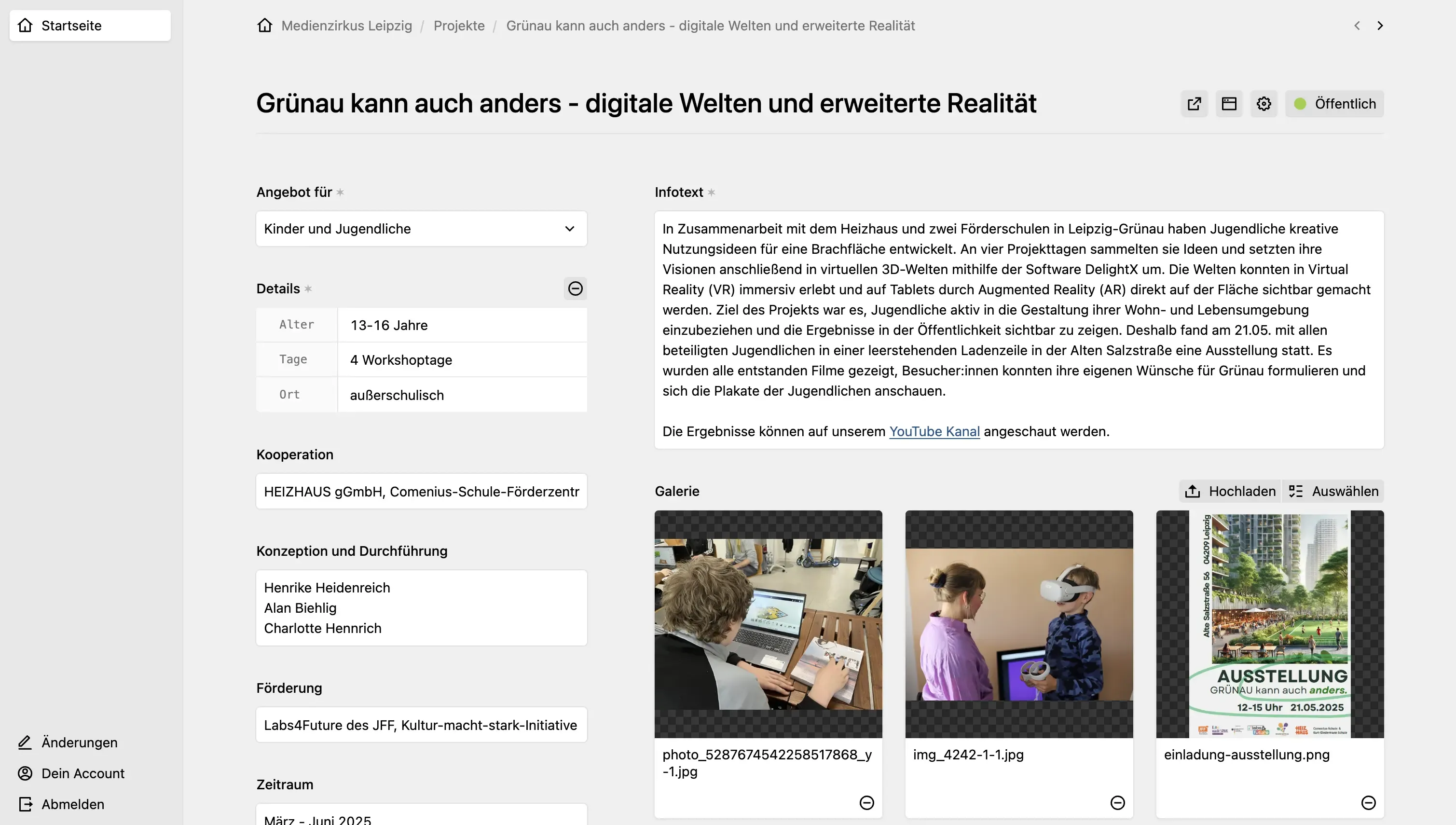 Panel interface showing a Kirby CMS page editing screen for "Gr&uuml;ndau kann auch anders - digitale Welten und erweiterte Realit&auml;t" with a two-column layout. Left sidebar contains metadata fields like "Angebot f&uuml;r" and "Details", while the main content area displays three images in a "Galerie" field and an "Infotext" textarea.
