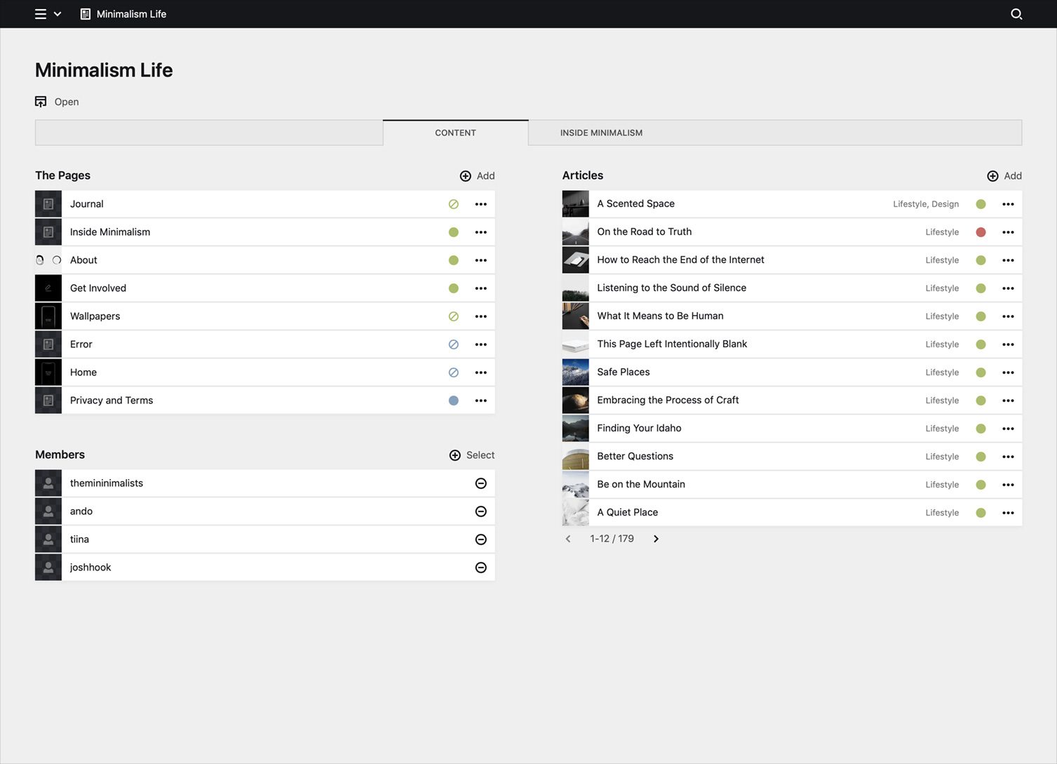 Panel screenshot of minimalism.com