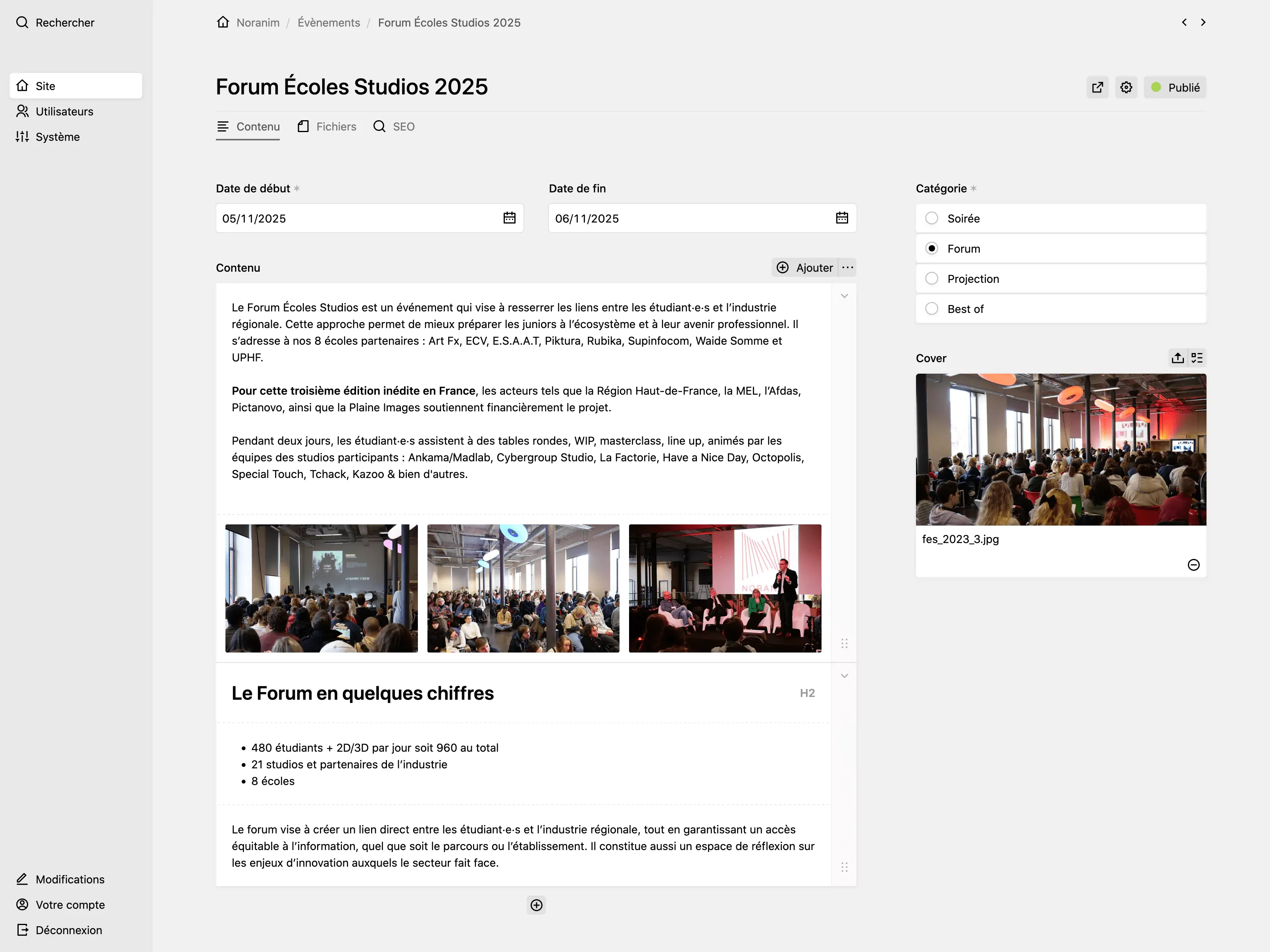 Panel event page for "Forum &Eacute;coles Studios 2025" with date fields, blocks field with text and an image gallery, with a sidebar showing category and cover image fields
