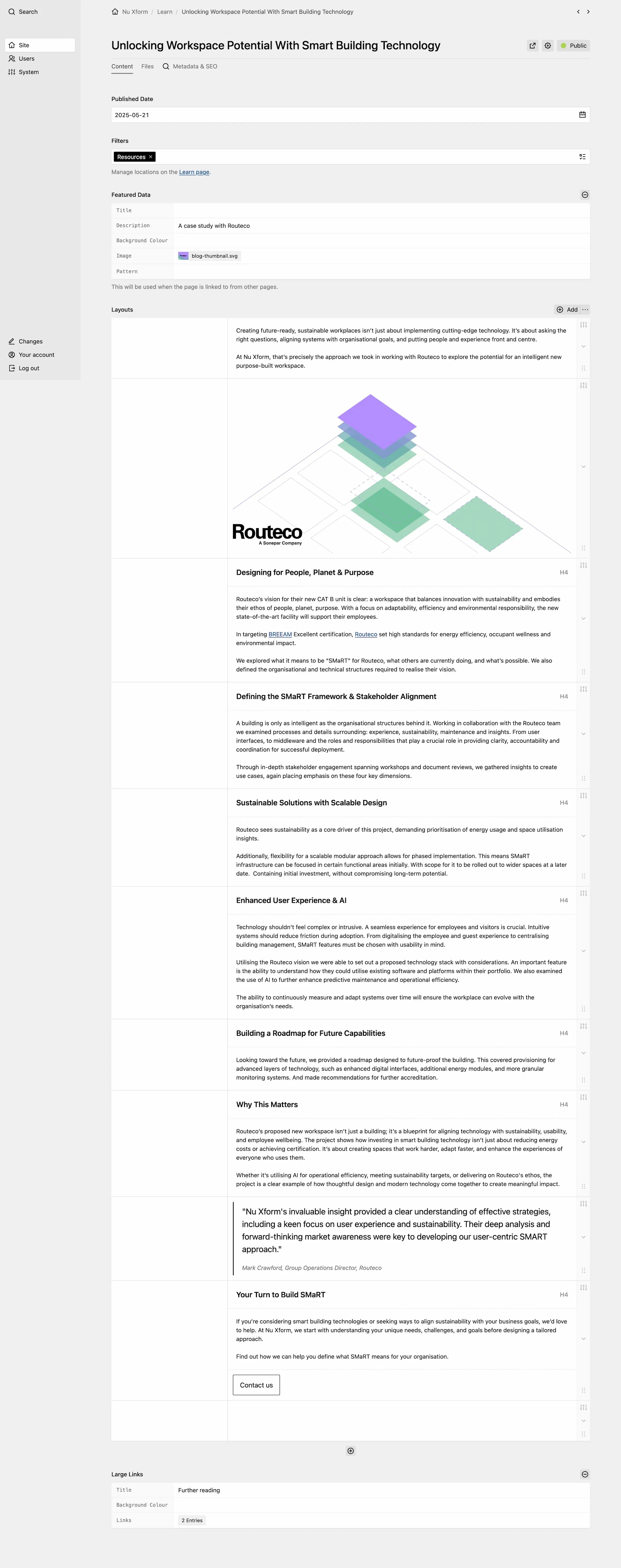 Panel article editor with publication settings and layout blocks