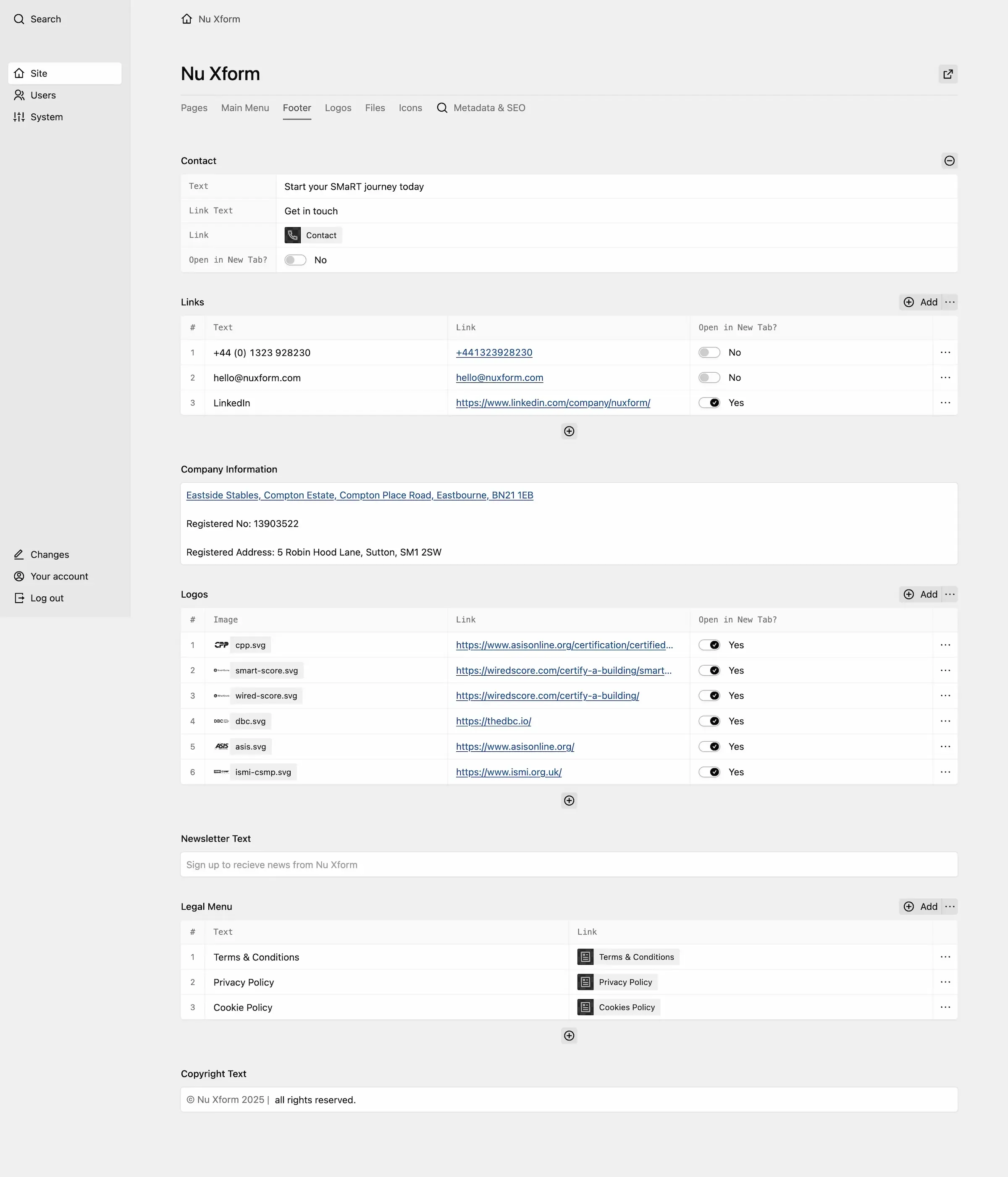 Panel Footer tab managing contact info, links, and partner logos