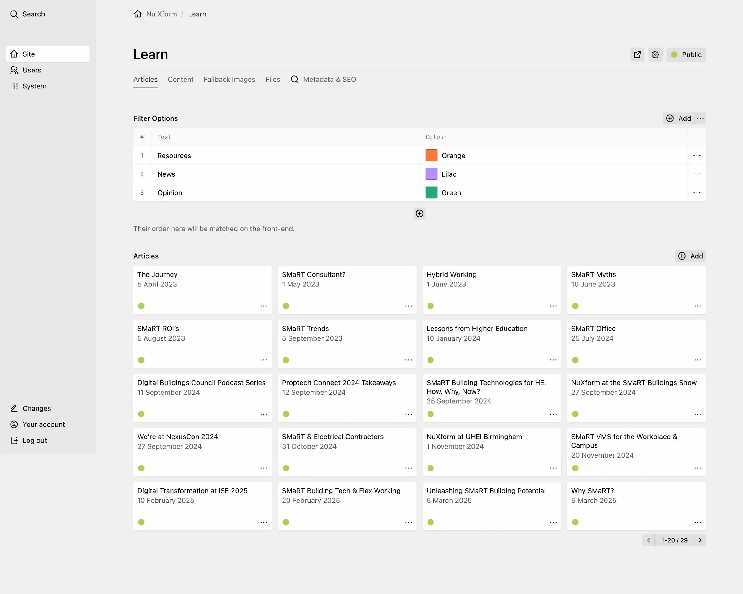 Panel Learn page with colored category filters and articles grid