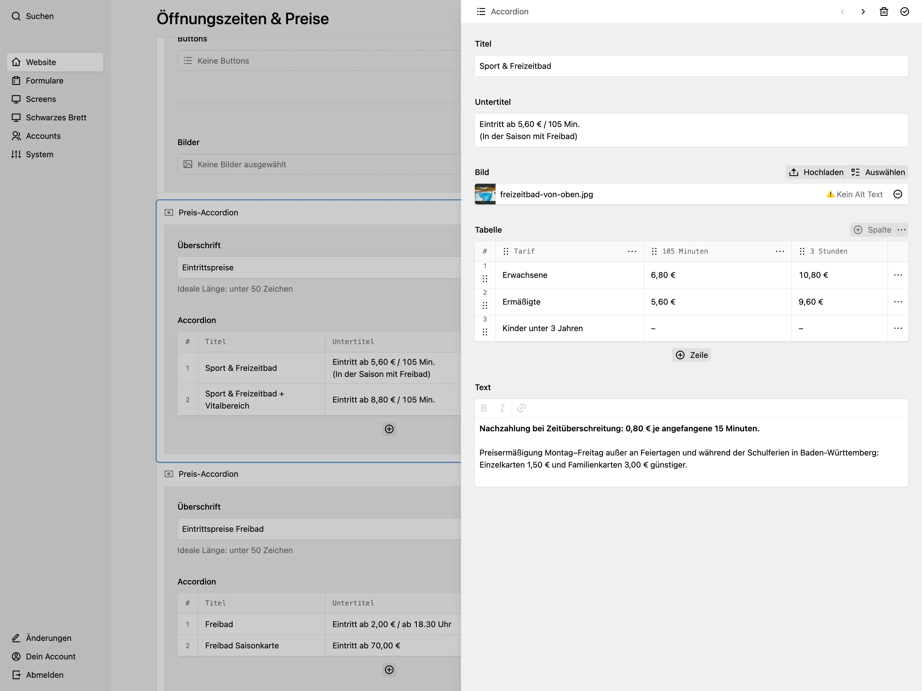 Panel pricing page with accordion sections for entry fees, open accordion showing "Sport & Freizeitbad" pricing table with visitor categories and rates, and text fields