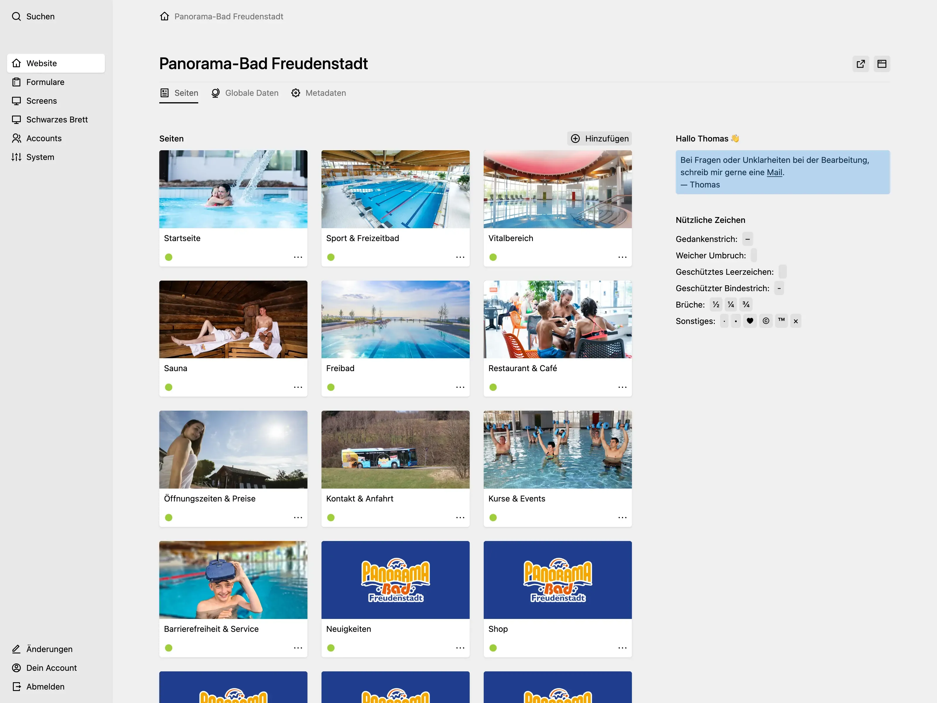 Panel Pages tab showing colorful section cards for spa facilities including Sport & Freizeitbad, Vitalbereich, Sauna, Freibad, and Restaurant & Caf&eacute;