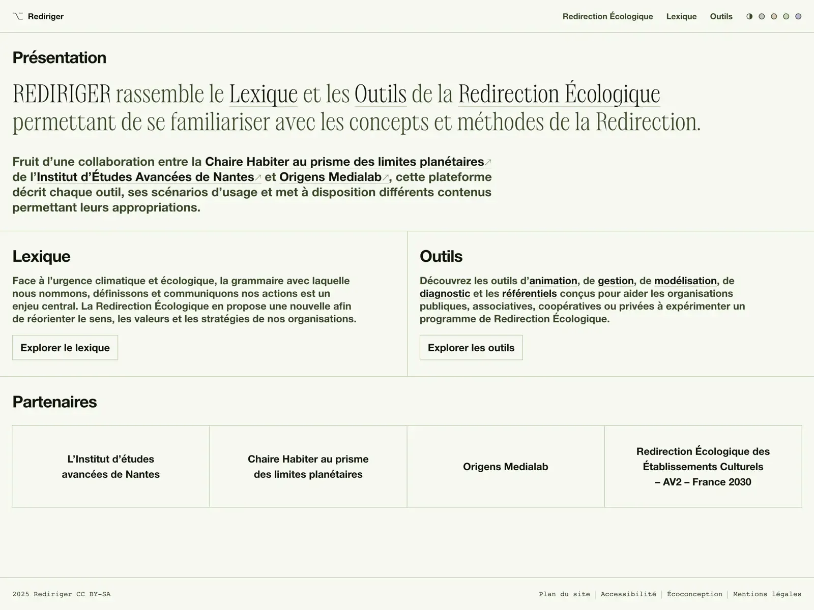 Screenshot of the Rediriger homepage in the light version of the "Th&egrave;me f&ocirc;ret" colour scheme, using soft beige and green colors