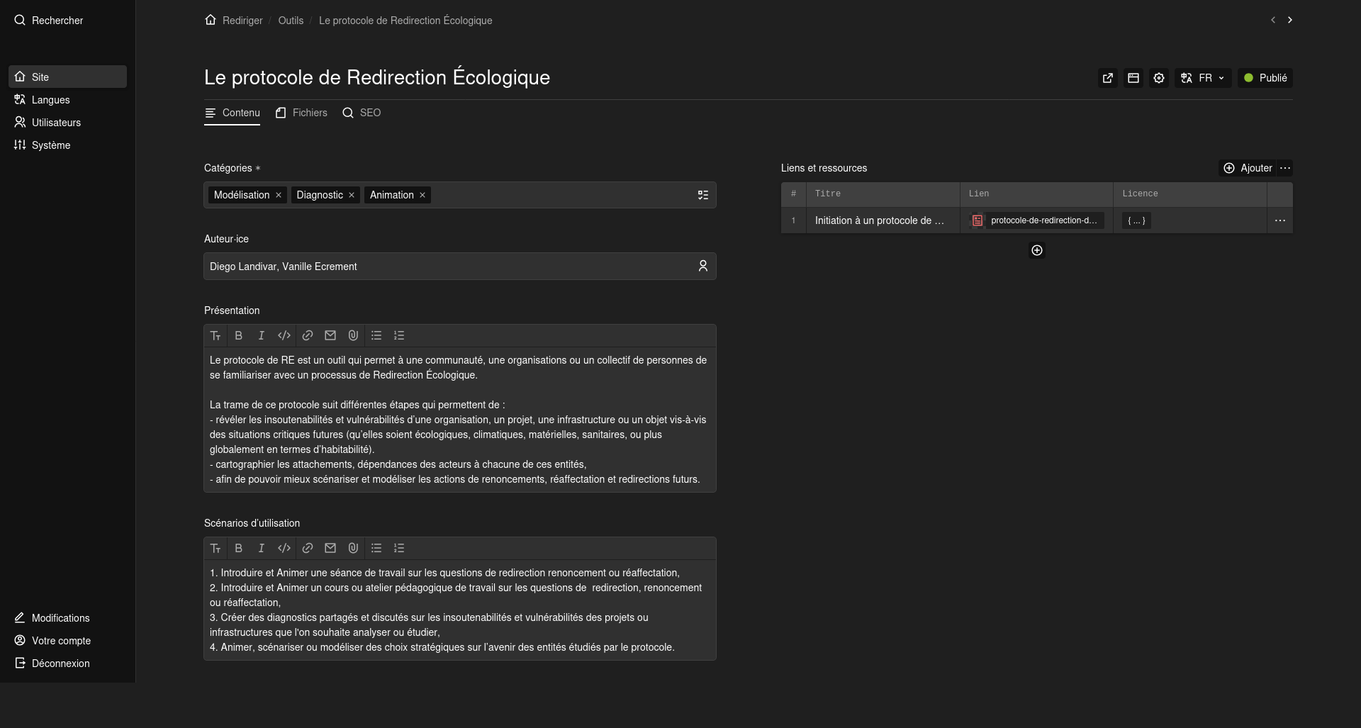 Screenshot of the Rediriger backend showing a subpage of the Outils page, Le protocole de Redirection &Eacute;cologique