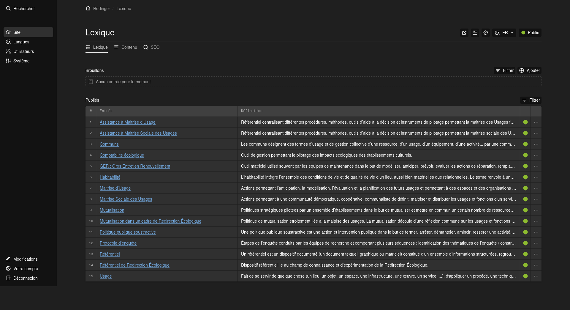 Screenshot of the Rediriger backend showing the Lexique page