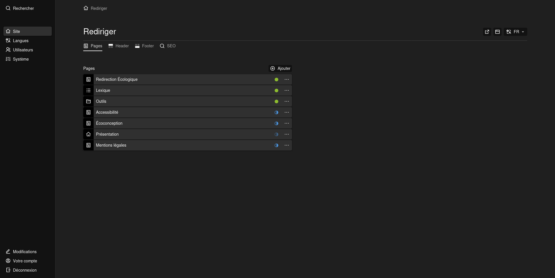 Screenshot of the Rediriger backend showing the site/dashboard
