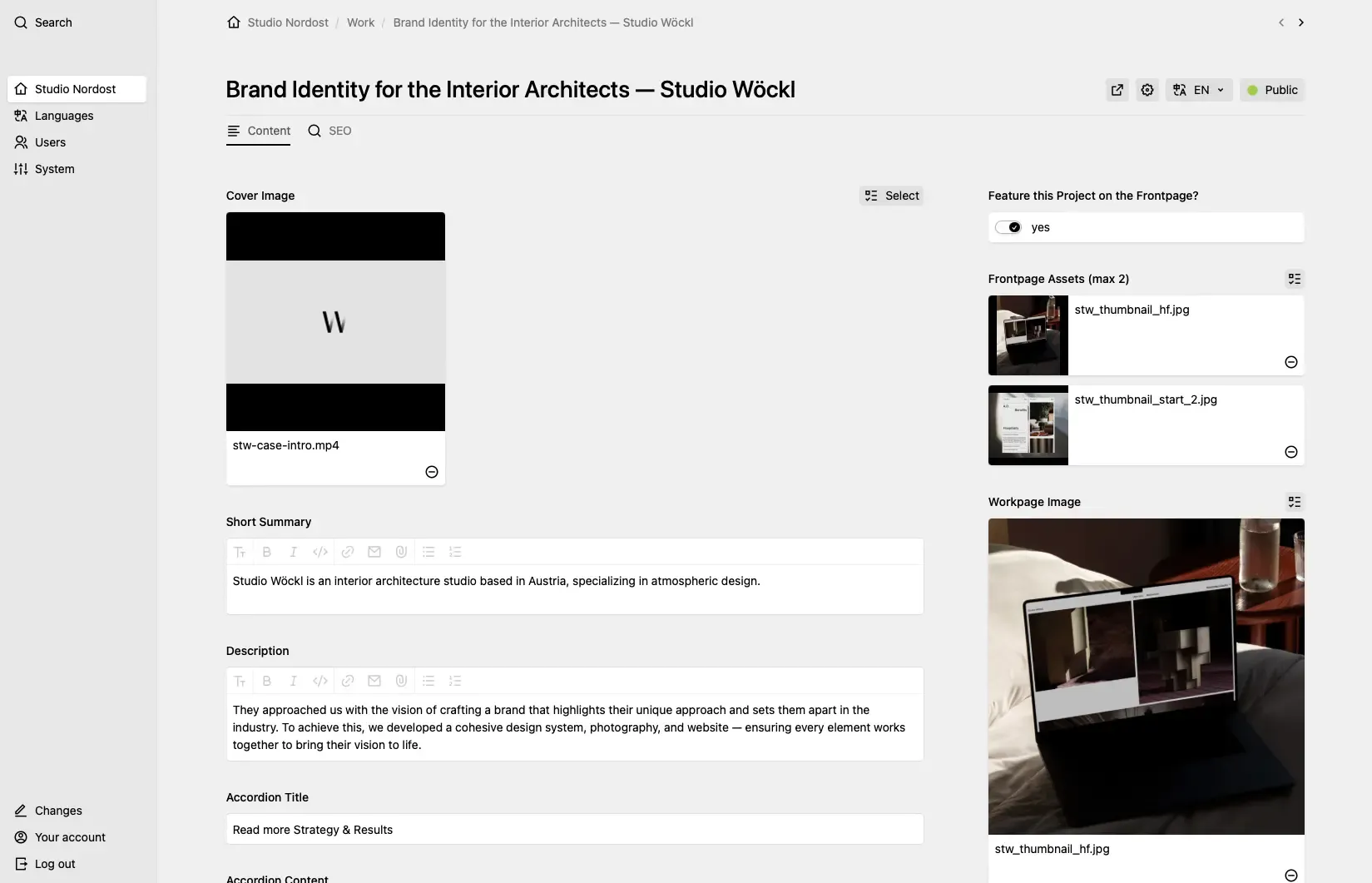 Screenshot of a Kirby Panel showing brand identity design for Studio Wockl, an interior architecture firm. The image displays a design workspace with a logo, black and white color scheme, and preview images of architectural design work on the right side.