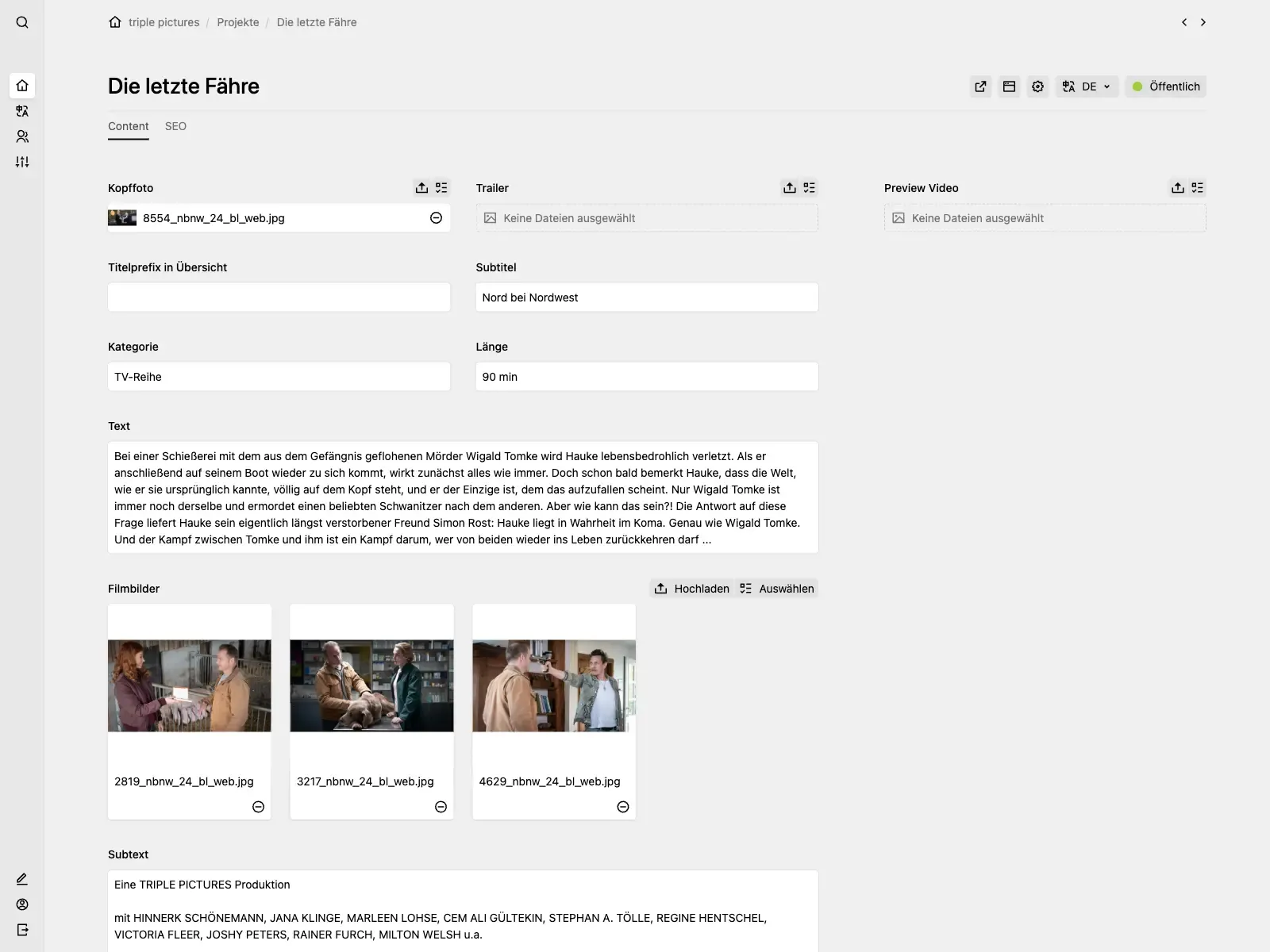 Screenshot of a page called "Die letzte F&auml;hre" in the Kirby Panel with multiple files and text fields.