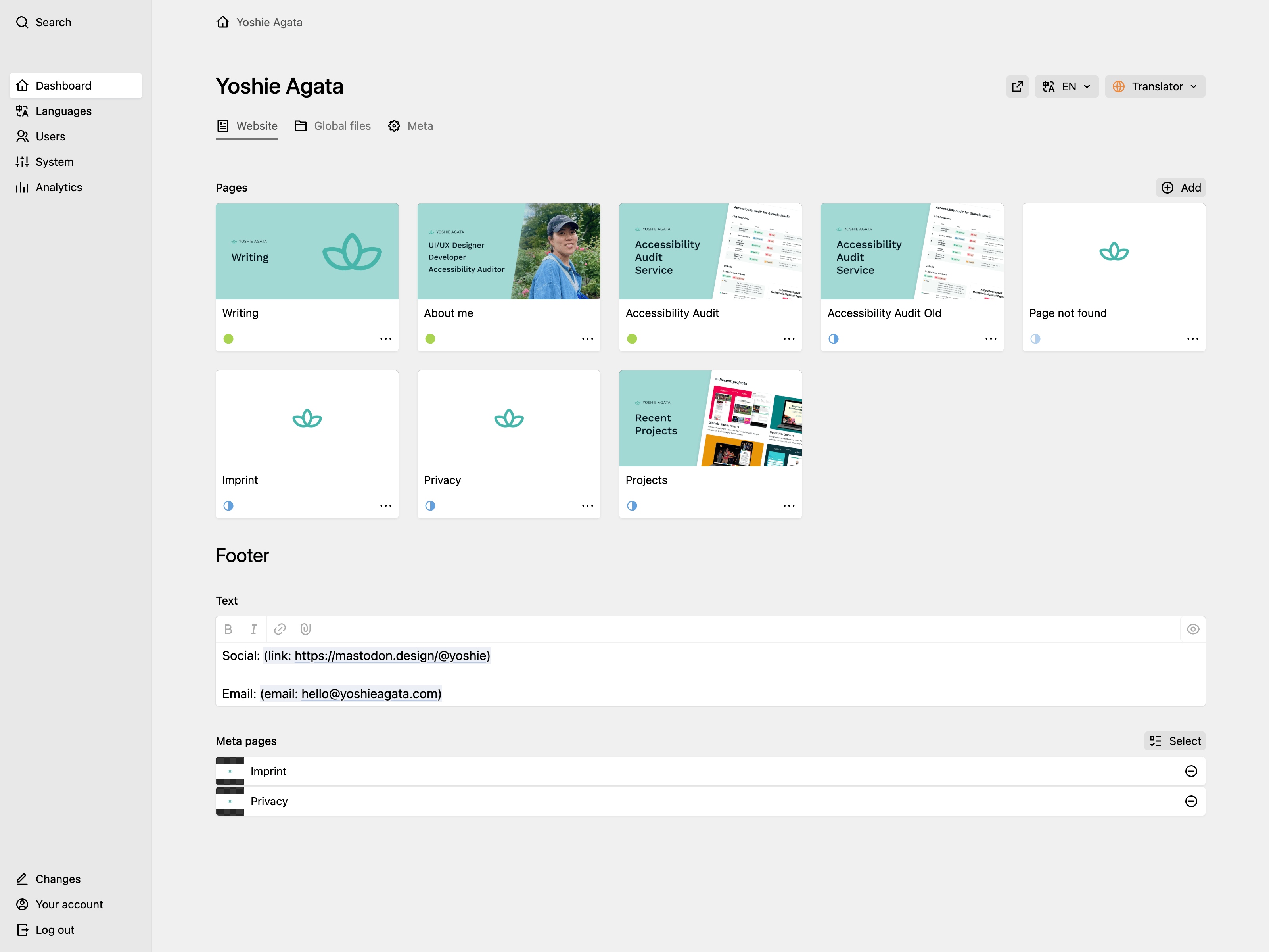 Panel screenshot of yoshieagata.com