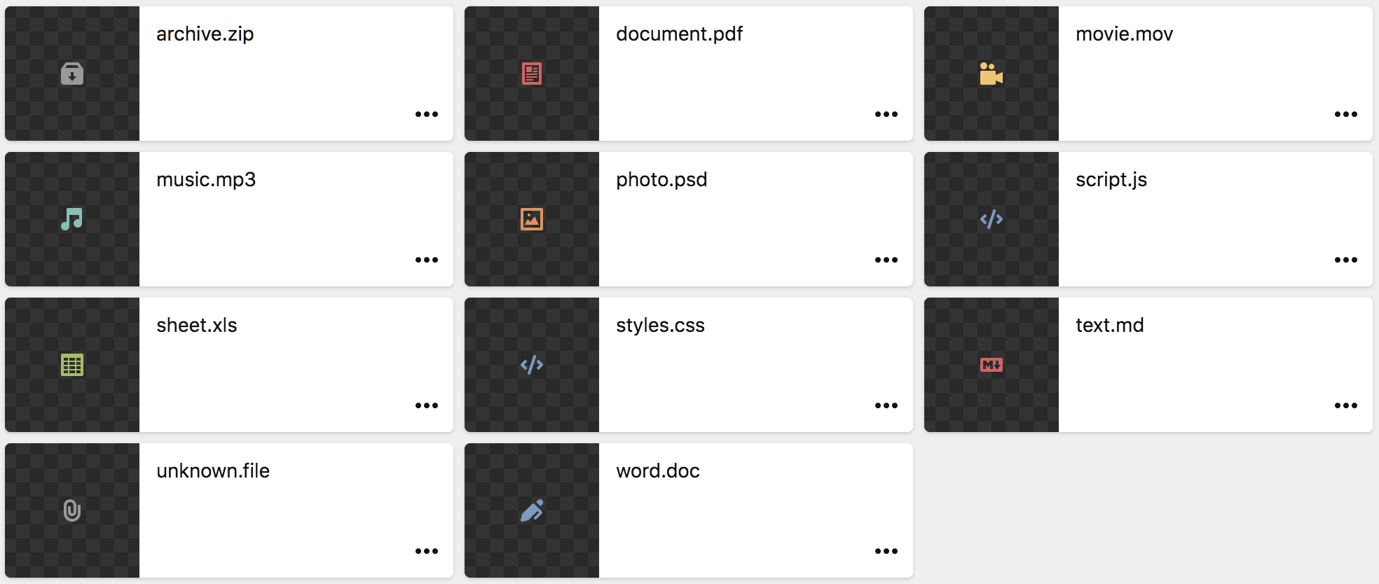 The placeholder icons for all kinds of file types – documents, videos, spreadsheets, etc.