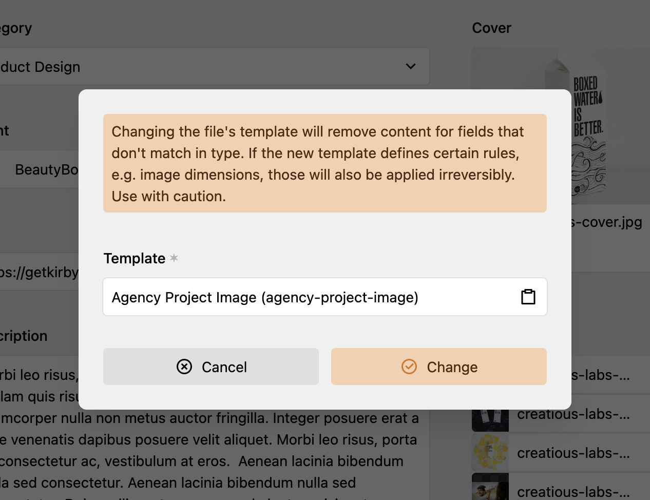 The new dialog to change the template of a file.