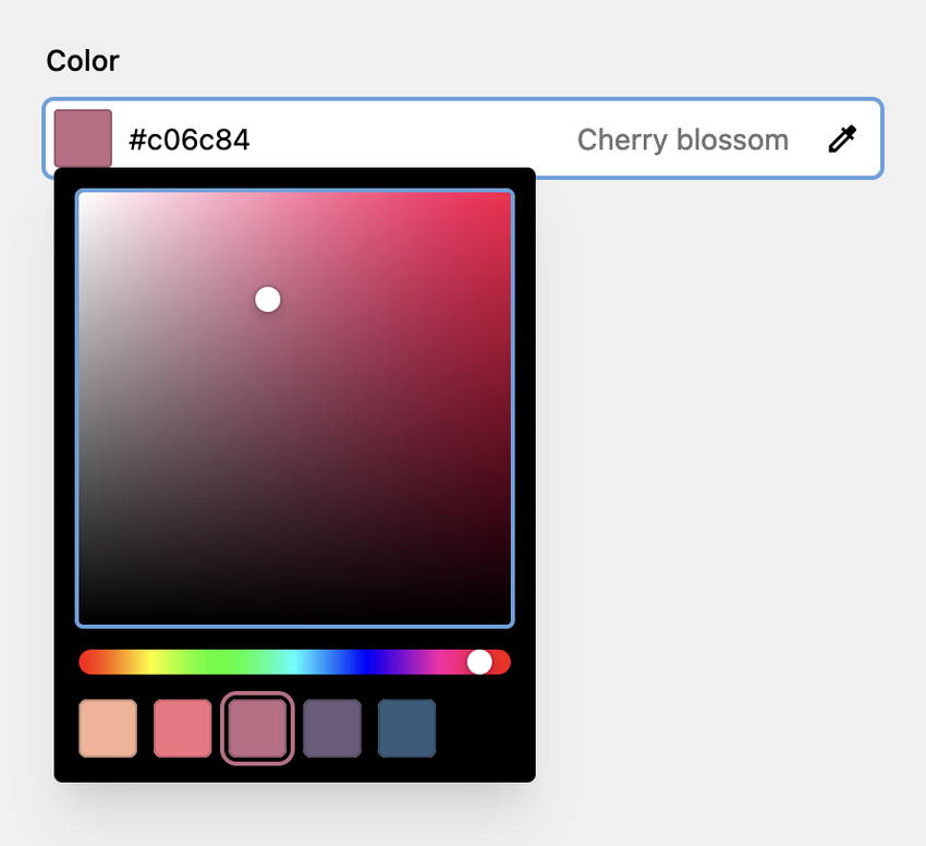 The new color field with the color picker dropdown and predefined colors with names