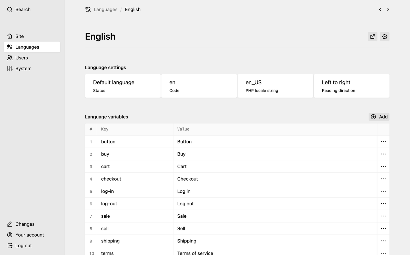 The new language view with general information about the language and the new language variable editor.