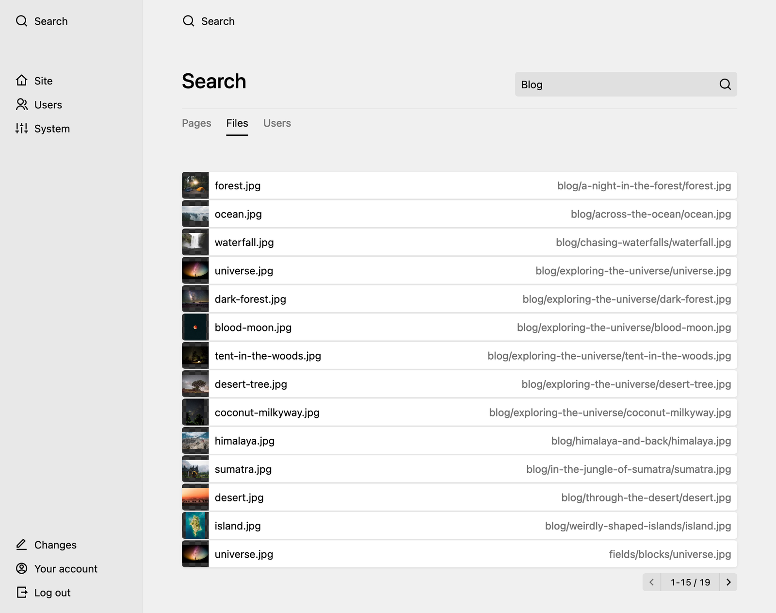 The new search view with a long list of results for a file search.