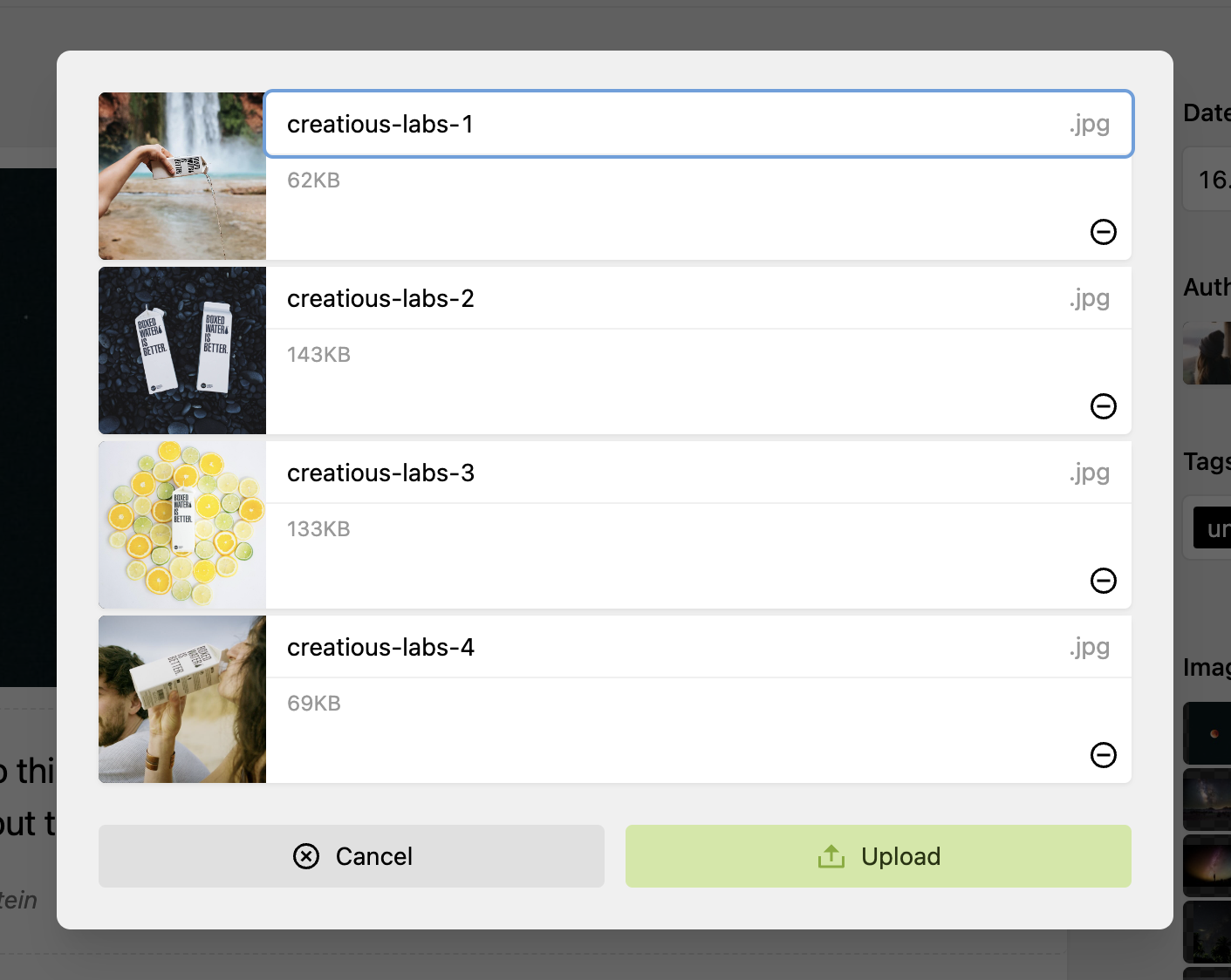 The new upload dialog with four images, ready to be uploaded. Each file has a new input to change the filename before the file gets uploaded.