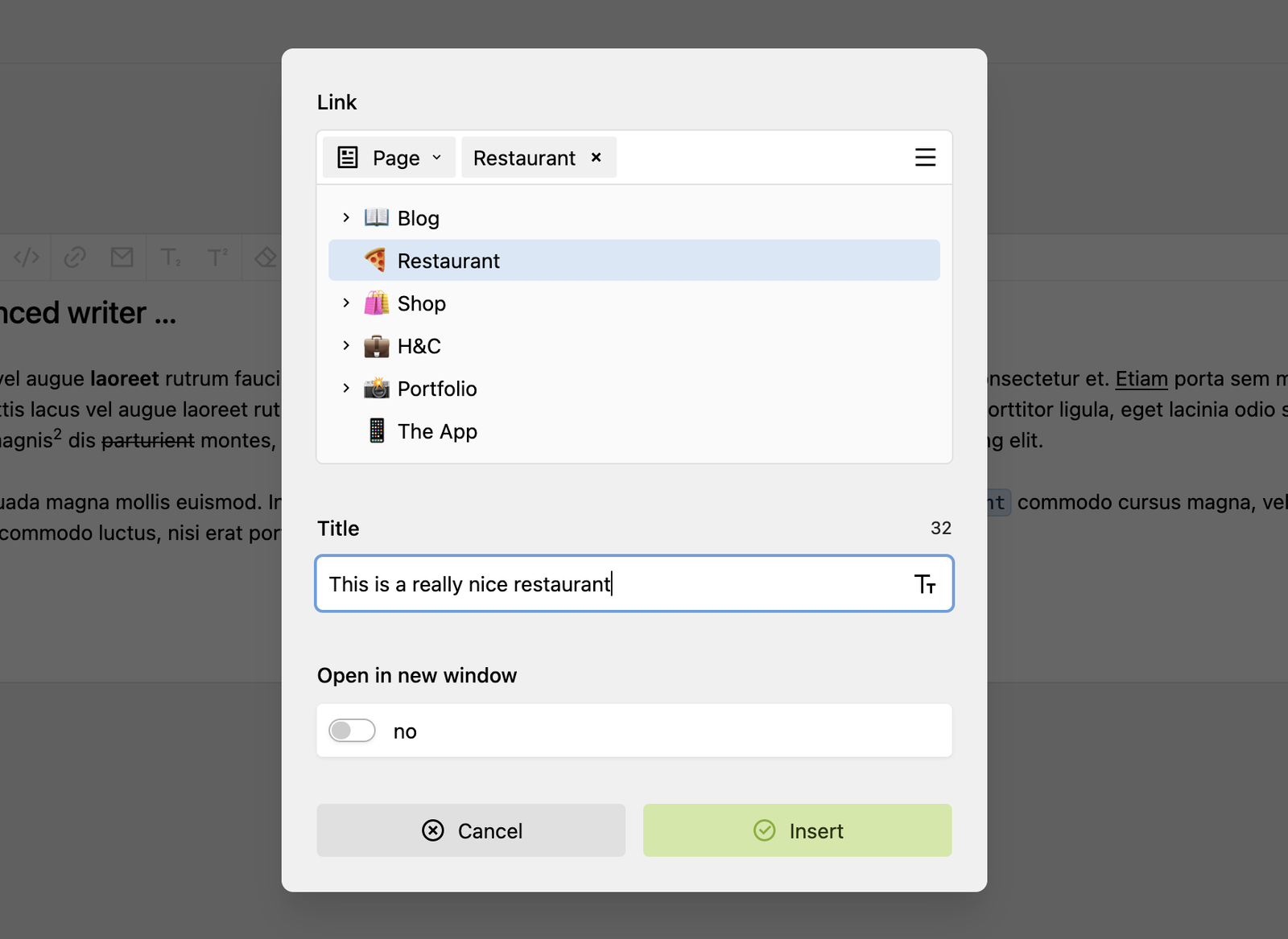 The link picker for the writer now also features the new link field