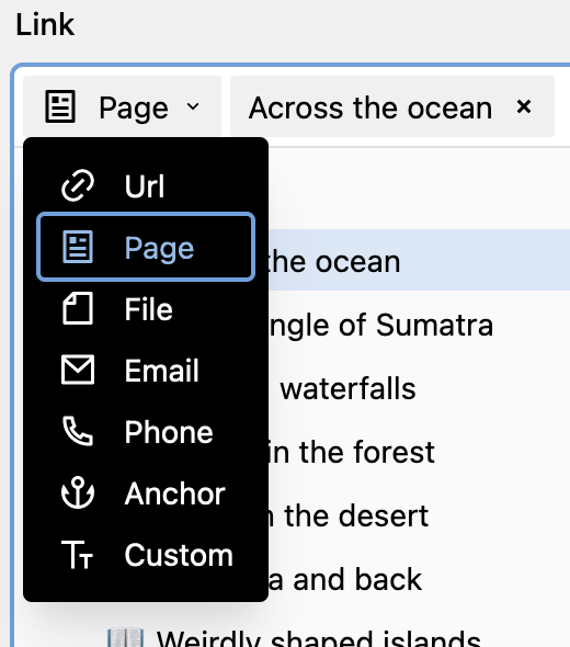 Dropdown with all available link types (URL, Page, File, Email and Phone Number)