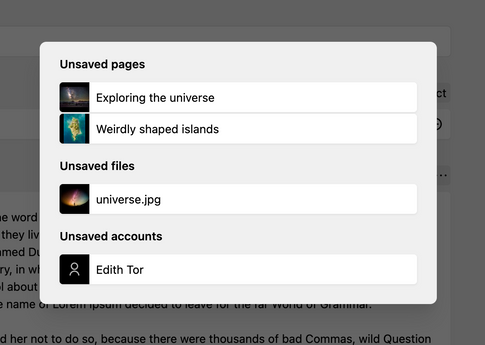 A screenshot of the changes dialog with all unsaved pages, files and accounts