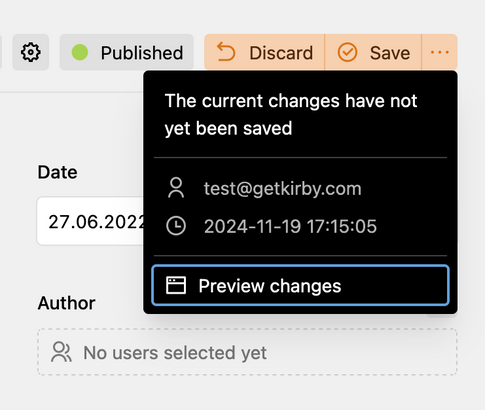 A screenshot of the info dropdown for unsaved changes, showing the current editor, modification timestamp and a preview button