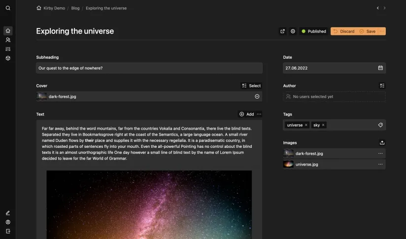 A screenshot of a Panel page form in the new dark theme