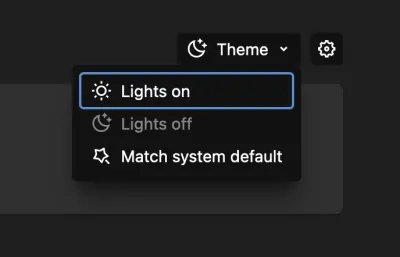 A screenshot of the theme dropdown in the user settings showing options for lights on, lights off and match system default