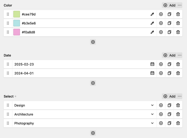 The new entries field allows you to create and manage multiple entries for the same field type
