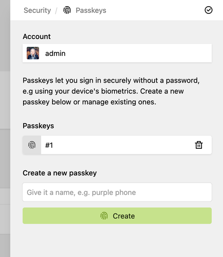 Security drawer listing a registered passkey and a form to create a new one